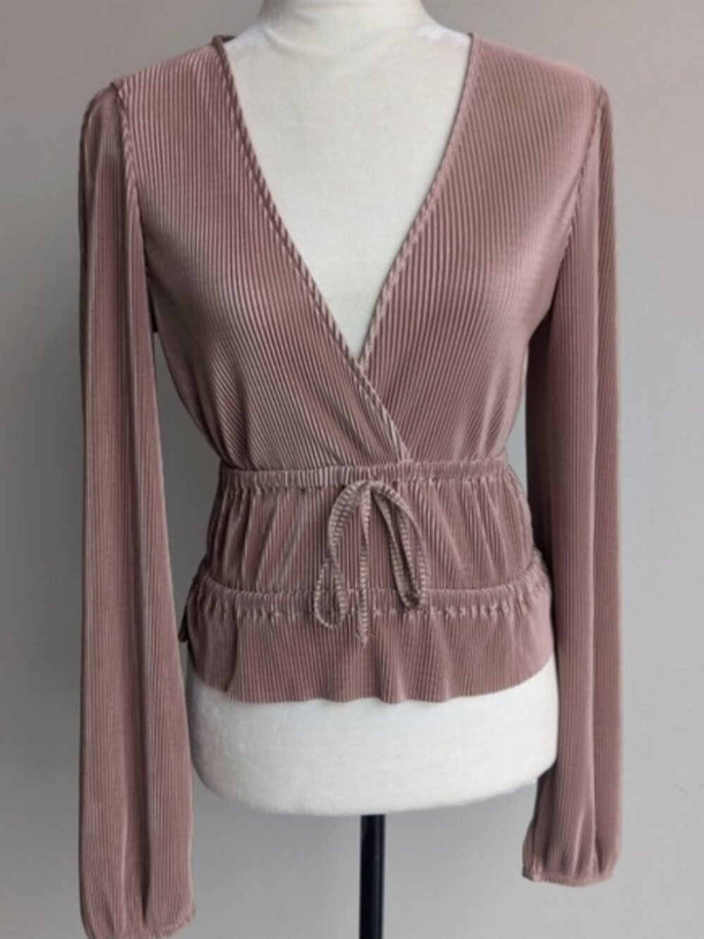 Zara Pleated Plisse Long Sleeve Blouse Dusty Taupe